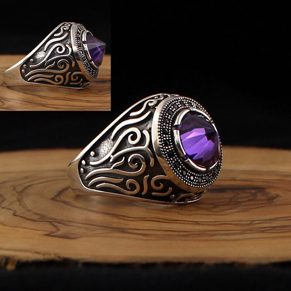 925 sterling silver royal ring for men in purple color with stones