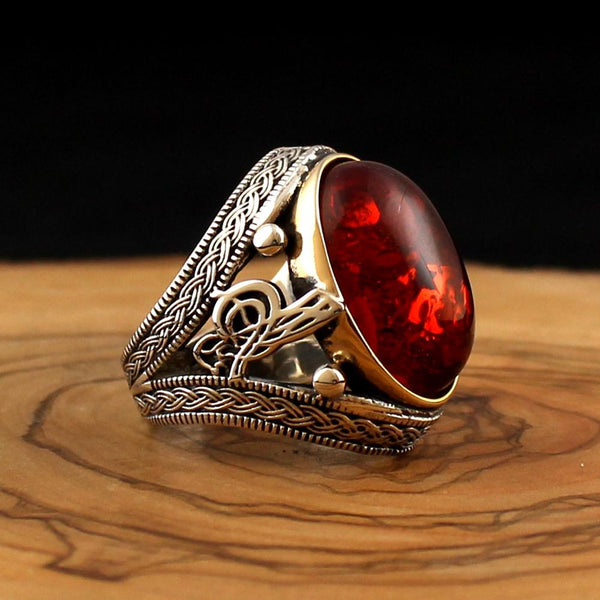 925 sterling silver royal ring for men red color with stones