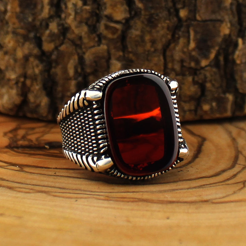 925 Sterling Silver Royal Ring for Men with stones Red